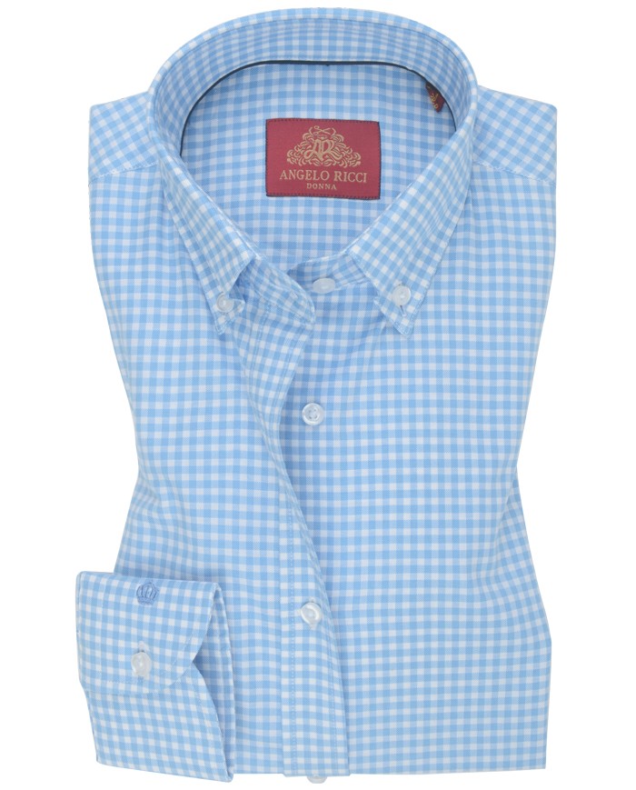 Chemise Femme Angelo Ricci Regular Fit en Popeline Motif Vichy - Bleu Clair et Blanc