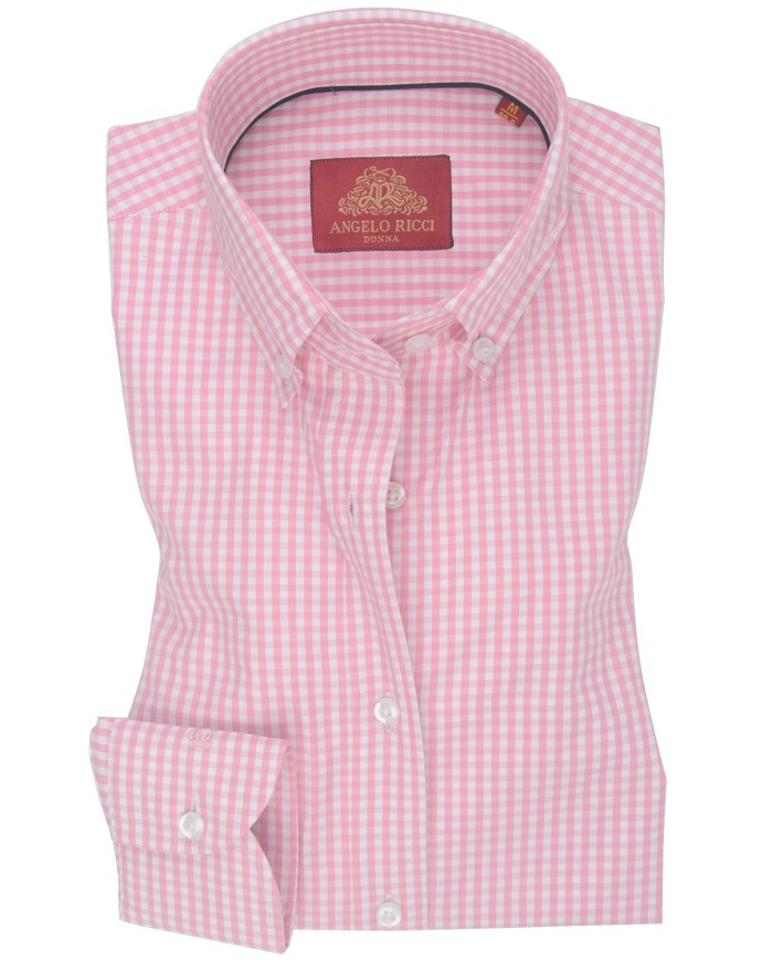 Chemise Femme Angelo Ricci Regular Fit en Popeline Motif Vichy - Rose et Blanc