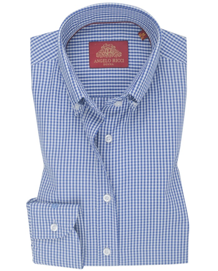 Chemise Femme Angelo Ricci Regular Fit en Popeline Motif Vichy - Bleu et Blanc