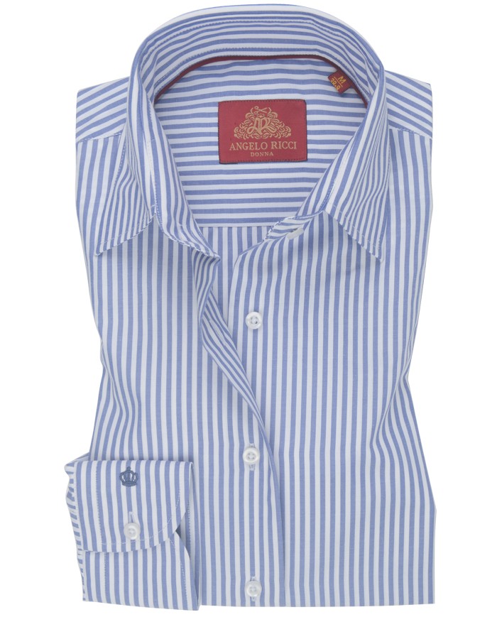 Chemise Femme Angelo Ricci Regular Fit en Popeline Rayée - Bleu et Blanc