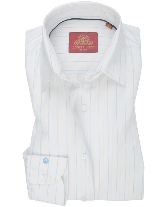 Chemise Femme Angelo Ricci Regular Fit en Popeline Rayée - Blanc et Bleu