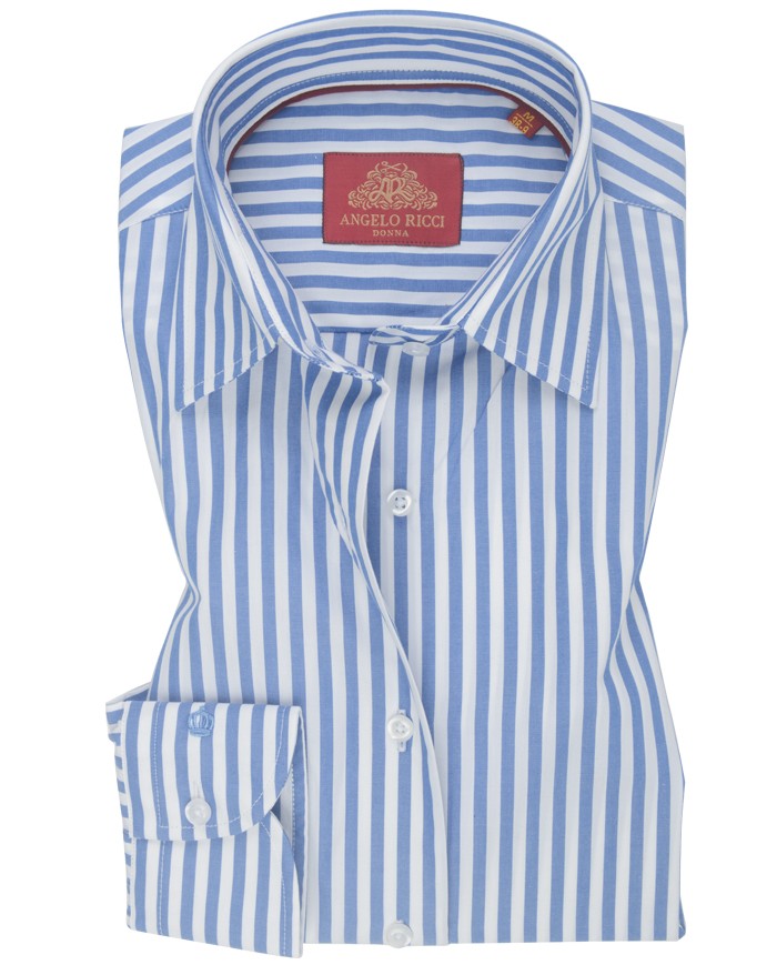 Chemise Femme Angelo Ricci Regular Fit en Popeline à Rayures - Bleu et Blanc