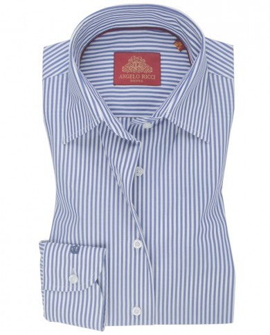 Chemise Femme Angelo Ricci Regular Fit en Popeline à Fines Rayures - Bleu et Blanc