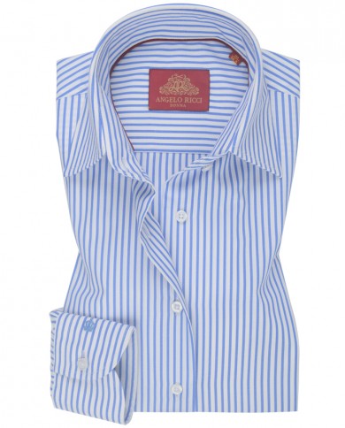 Chemise Femme Angelo Ricci Regular Fit en Popeline à Rayures Larges - Bleu et Blanc