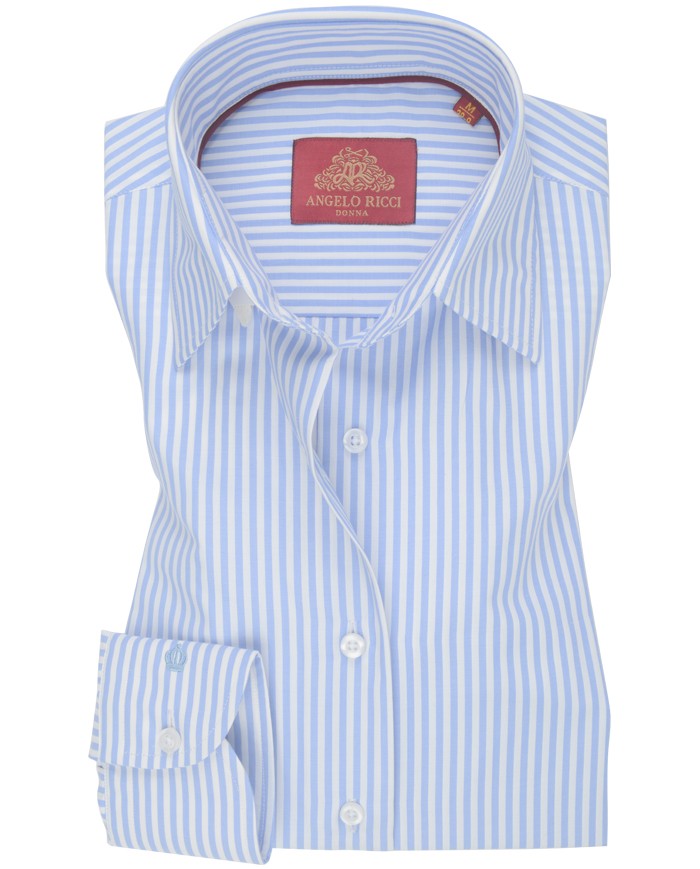 Chemise Femme Angelo Ricci Regular Fit en Popeline à Rayures Fines - Bleu Ciel et Blanc