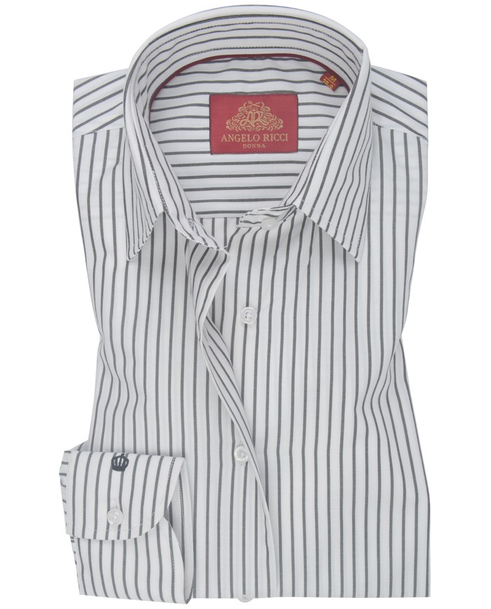 Chemise Femme Angelo Ricci Regular Fit en Popeline à Rayures Noires et Blanches