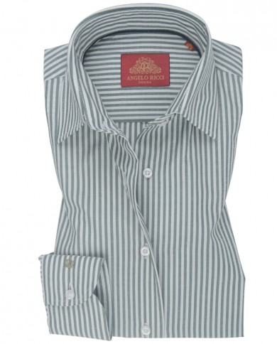 Chemise Femme Angelo Ricci Regular Fit en Popeline à Rayures Vert Sauge et Blanc