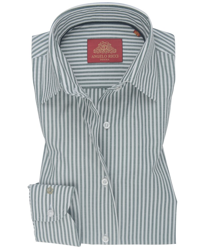Chemise Femme Angelo Ricci Regular Fit en Popeline à Rayures Vert Sauge et Blanc