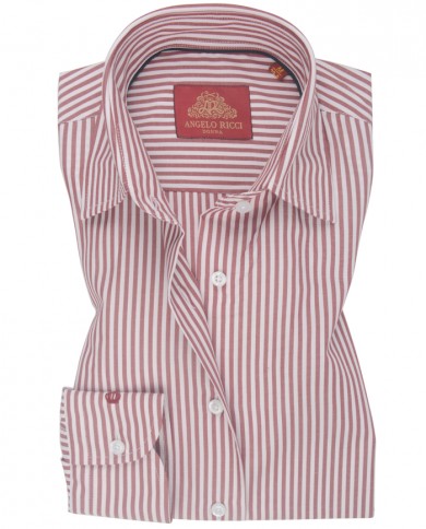 hemise Femme Angelo Ricci Regular Fit en Popeline à Rayures Rouge Brique et Blanc