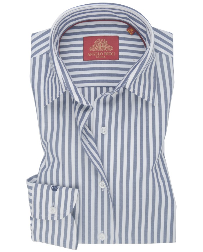 Chemise Femme Angelo Ricci Regular Fit en Popeline à Rayures Bleues et Blanches (Large)