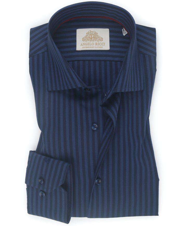 Chemise Homme Angelo Ricci Regular Fit en Popeline Rayée - Bleu Marine Intense