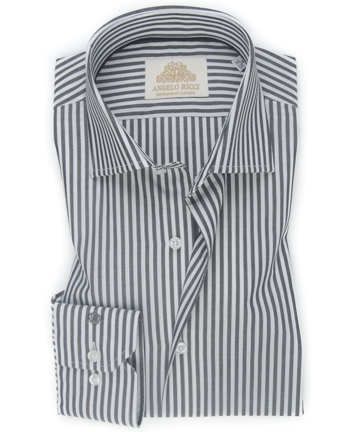 Chemise Homme Angelo Ricci Regular Fit en Popeline Rayée - Gris et Blanc