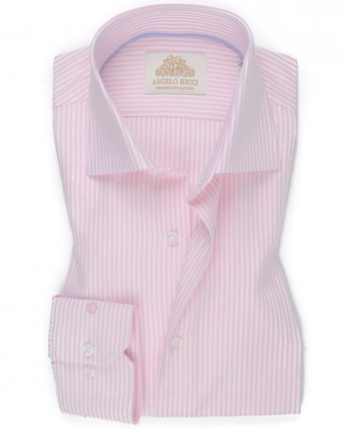 Chemise Homme Angelo Ricci Regular Fit en Popeline Rayée - Rose Clair et Blanc