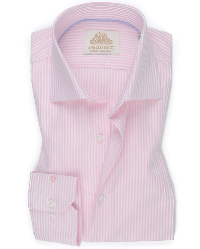 Chemise Homme Angelo Ricci Regular Fit en Popeline Rayée - Rose Clair et Blanc
