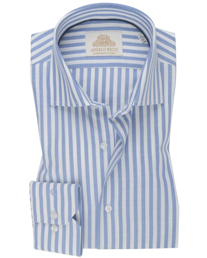 Chemise Homme Angelo Ricci Regular Fit en Popeline Rayée - Bleu et Blanc