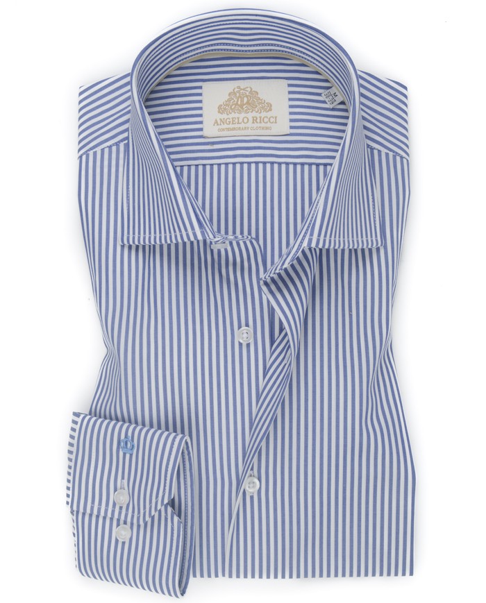 Chemise Homme Angelo Ricci Regular Fit en Popeline Rayée - Bleu Ciel et Blanc