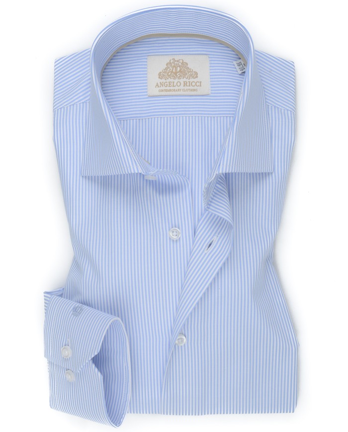 Chemise Homme Angelo Ricci Regular Fit en Popeline Rayée - Bleu Clair et Blanc