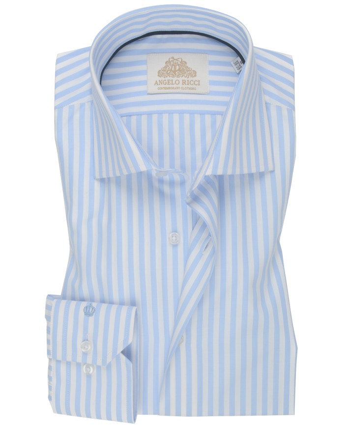 Chemise Homme Angelo Ricci Regular Fit en Popeline Rayée - Bleu Ciel et Blanc