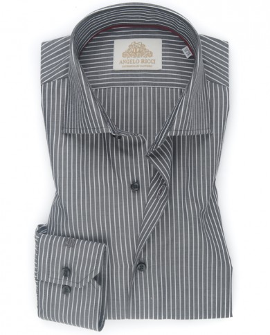 Chemise Homme Angelo Ricci Regular Fit en Popeline Rayée - Gris Anthracite et Blanc