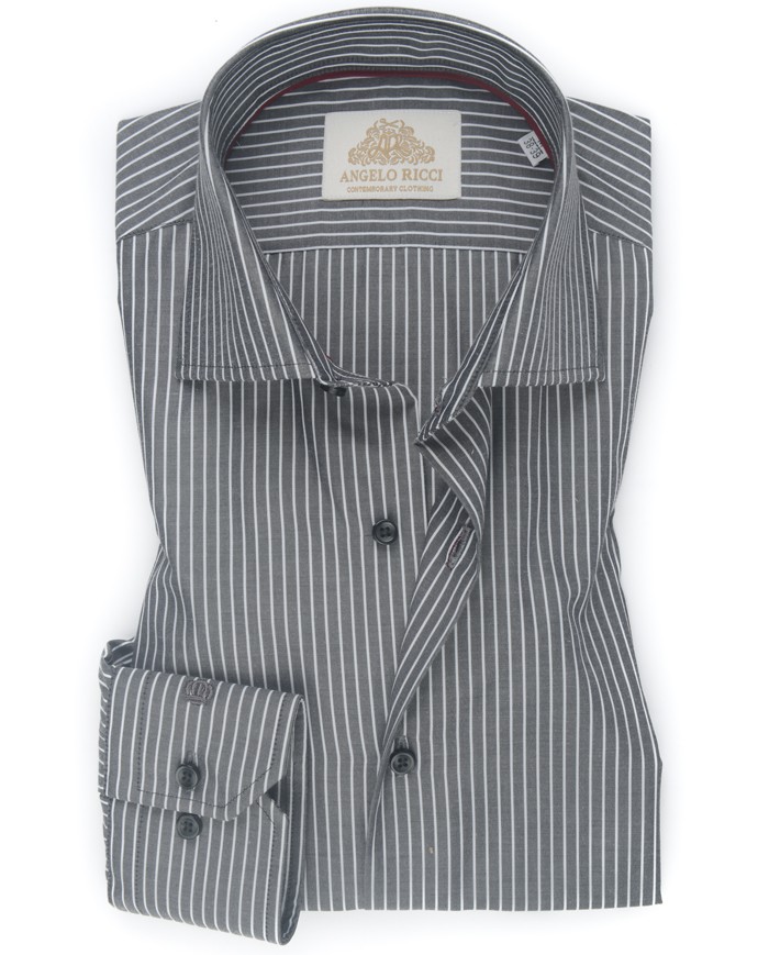 Chemise Homme Angelo Ricci Regular Fit en Popeline Rayée - Gris Anthracite et Blanc