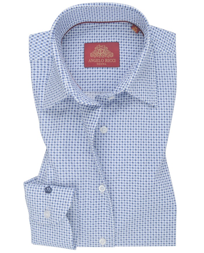 Chemise Femme Angelo Ricci Regular Fit en Popeline à Petits Motifs - Bleu et Blanc